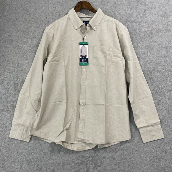 NEW Gap Mens XL Oxford Button-Down Long Sleeve Beige Shirt  Casual - Picture 2 of 9